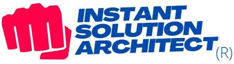 Logo for Instant Solution Architect featuring a pink fist icon and blue bold wordmark.