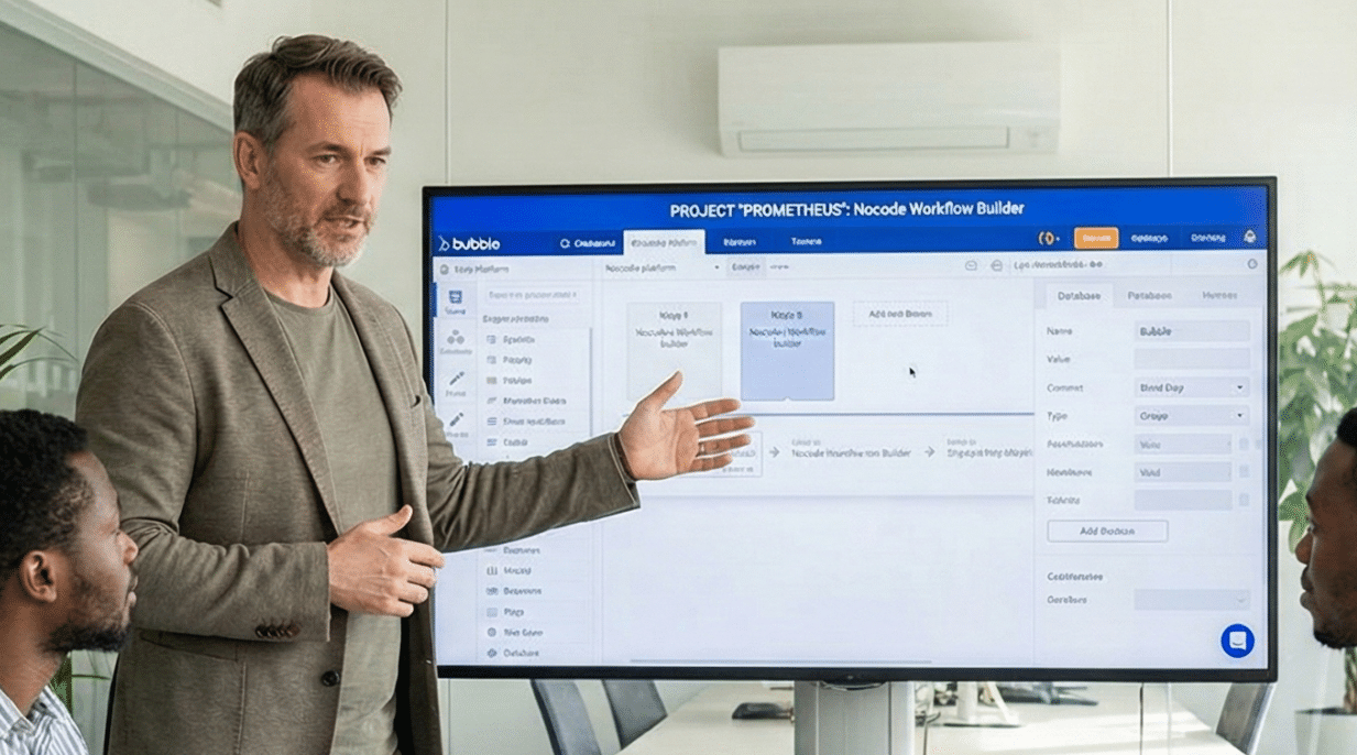 Man in a blazer presenting a software dashboard on a large monitor in a meeting room.