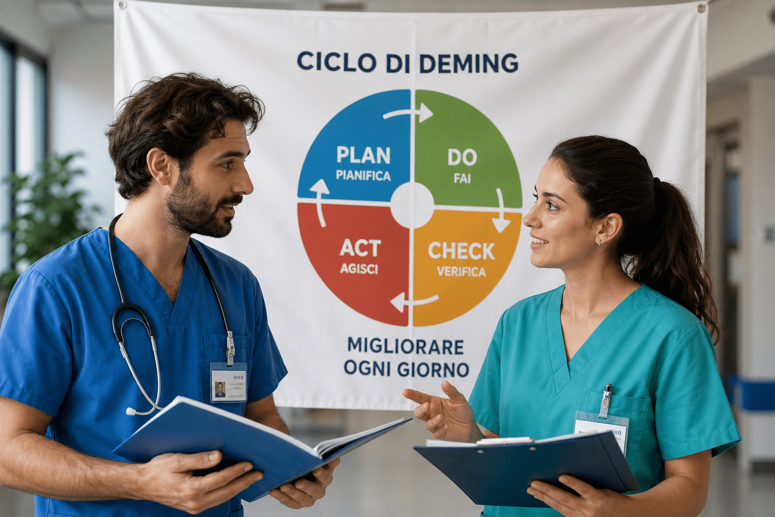 Two healthcare professionals in scrubs discuss in front of a banner displaying the Plan&ndash;Do&ndash;Check&ndash;Act (PDCA) cycle, with text in Italian: Plan, Do, Check, Act and 'Ciclo di Deming'.