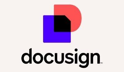DocuSign logo with abstract red and purple shapes above the DocuSign wordmark on a pale background.