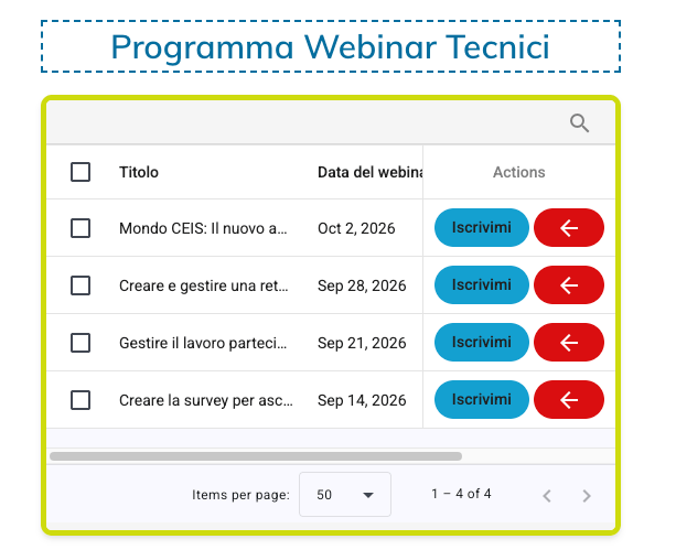 Programma Webinar Tecnici: a table of four webinars with checkboxes, dates, and action buttons Iscrivimi and back arrow.