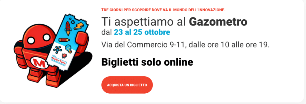 Promotional banner with a red robot mascot holding a ticket; announces Gazometro event 23&ndash;25 October at Via del Commercio 9-11, tickets online only, and a red 'Acquista un biglietto' button.